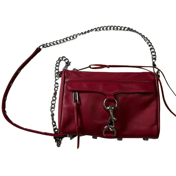 Rebecca Minkoff Red Leather Mini Mac Crossbody Bag Silver Chain Strap Designer - Picture 2 of 16